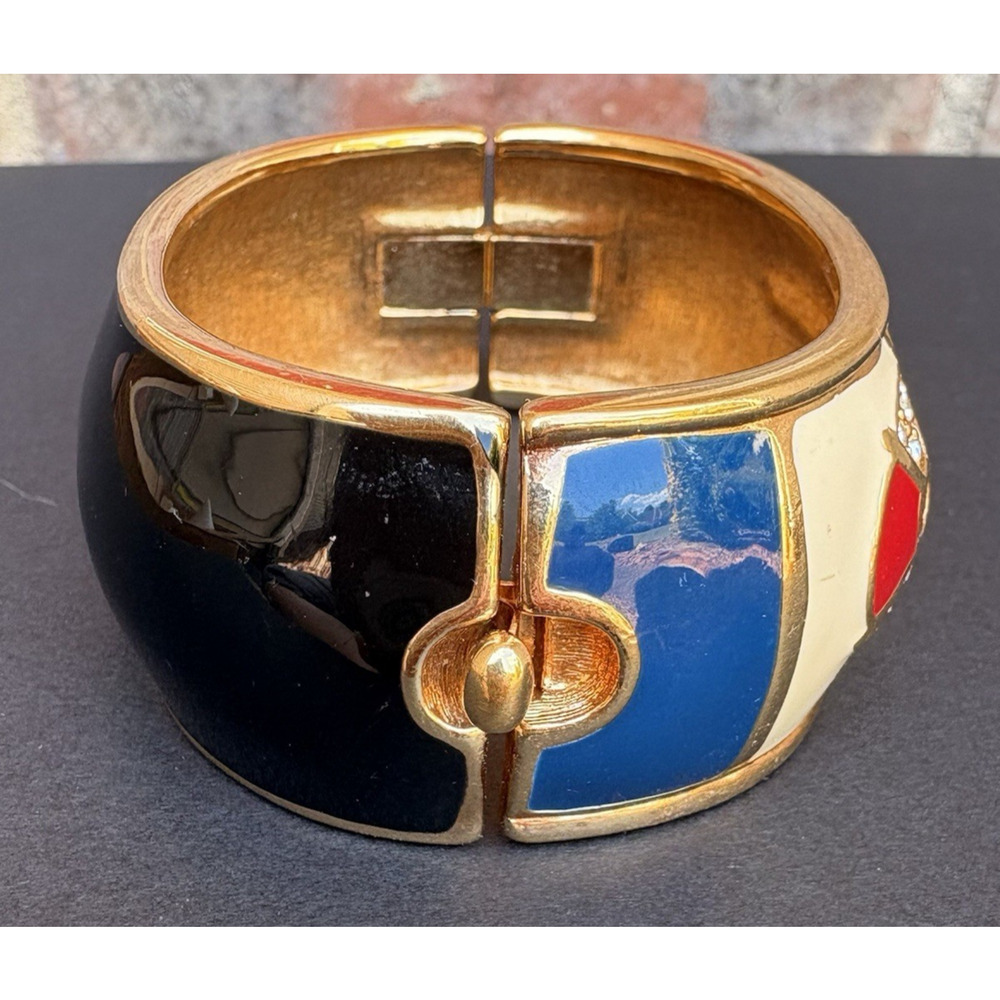 Swarovski Crystal Bracelet Wide Hinged Gold Tone Enamel Charm Cuff Nautical‎ - Picture 4 of 10